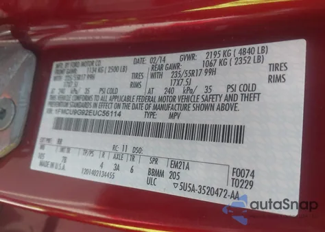 2014 Ford Escape Se из США, поврежденный, VIN 1FMCU9G92EUC56114